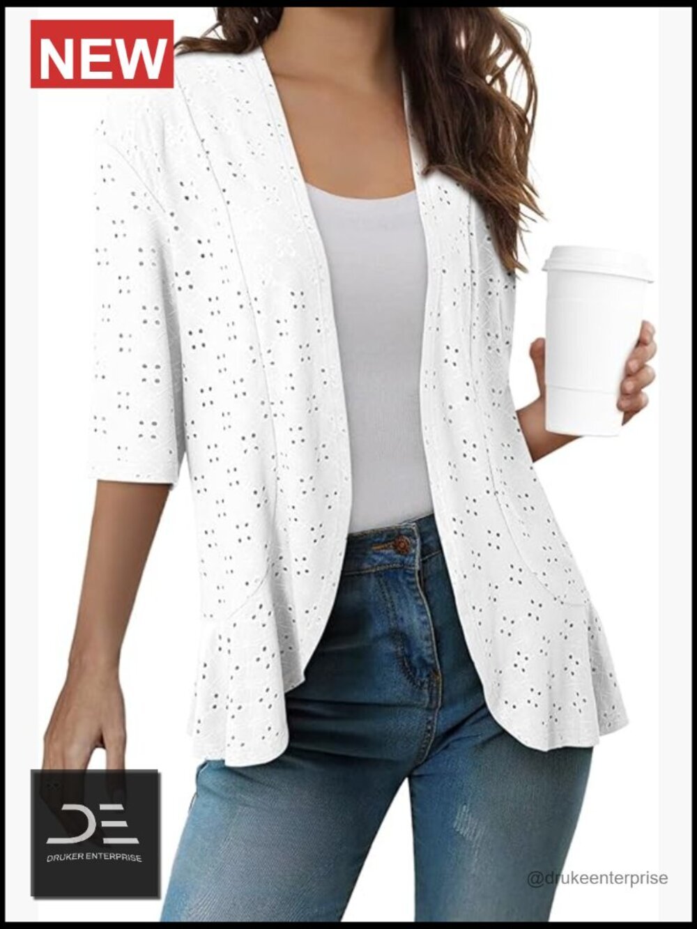 Lightweight Summer Cardigan Netted Knit Ruffle Half Sleeve Kimono Cover Up